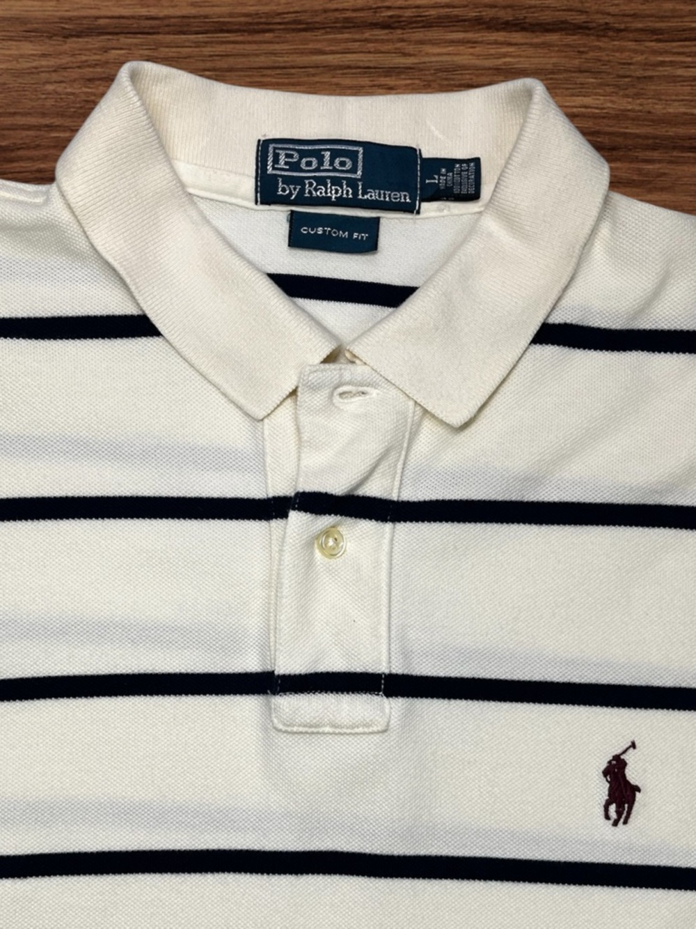 Polo Ralph Lauren Men’s Cream/Blue Stripes 100% Cotton Polo. Custom Fit. Large - Picture 4 of 6